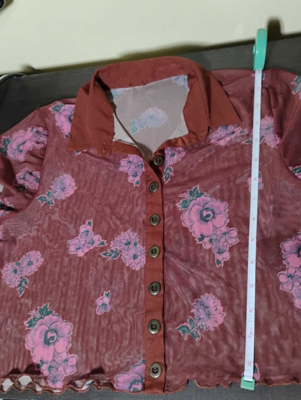Free People Sheer Rust Button-Up Top with Pink Floral Print - Picture 9 of 9